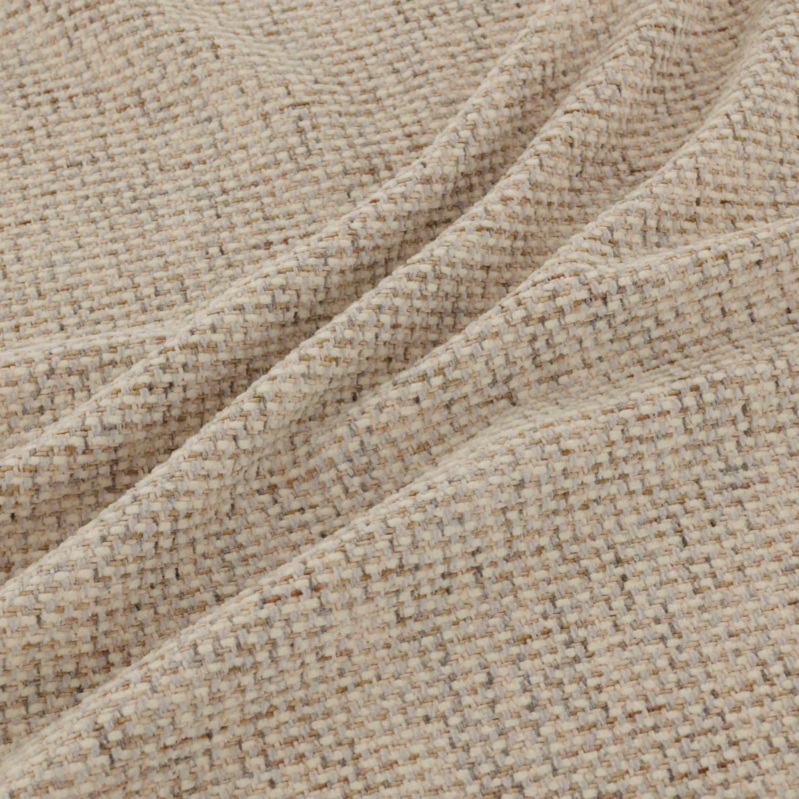 Warm oatmeal woven fabric with flecked taupe threads and a tactile basket-weave texture