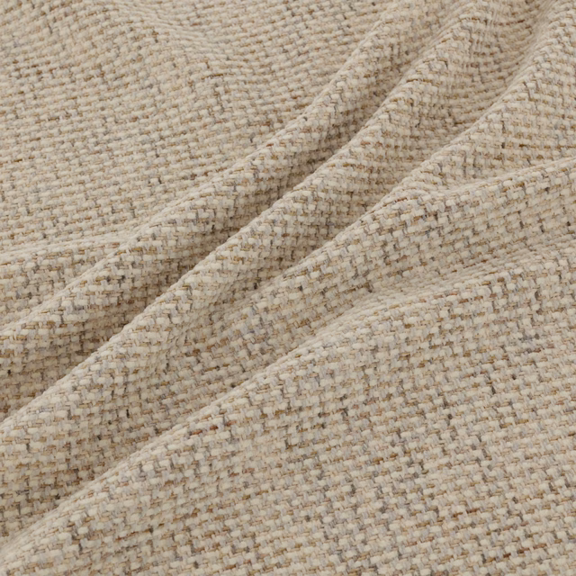 Warm oatmeal woven fabric with flecked taupe threads and a tactile basket-weave texture