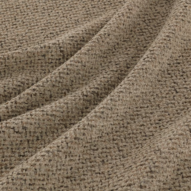 Close-up of taupe-grey Tribeca fabric showing chunky flecked weave in soft folds