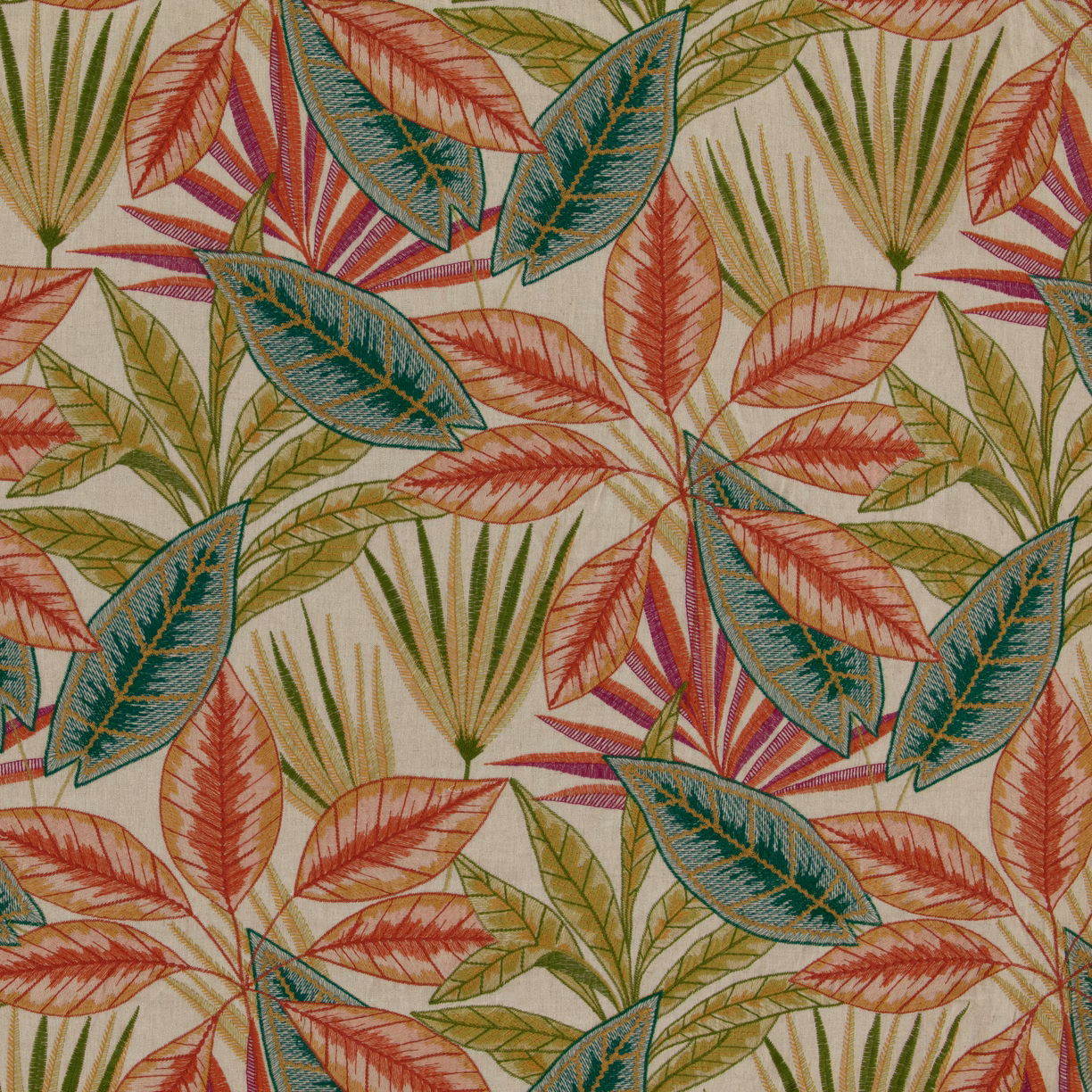 Papaya coral, teal and olive botanical leaves on a cream fabric ground