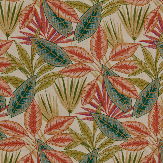 Papaya coral, teal and olive botanical leaves on a cream fabric ground