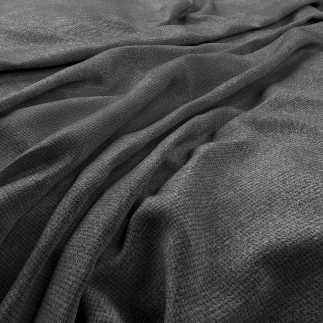 Charcoal-grey finely pebbled woven fabric gathered into deep, fluid folds
