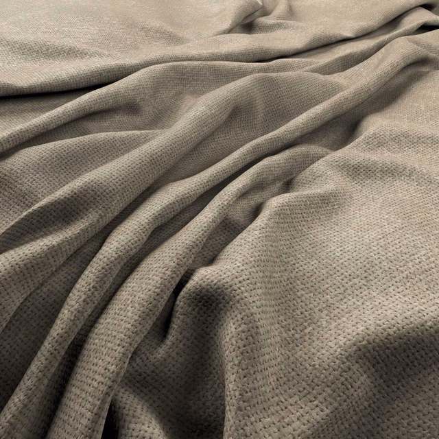 Smoky taupe-grey woven fabric with fine pebbled texture gathered into soft folds