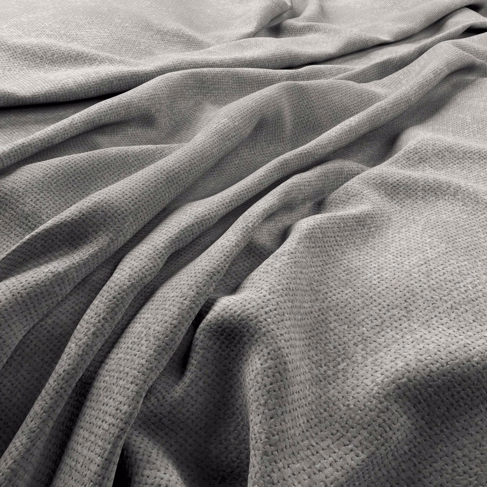 Cool steel-grey woven fabric gathered into softly textured, dimensional folds