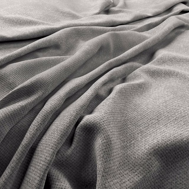 Cool steel-grey woven fabric gathered into softly textured, dimensional folds
