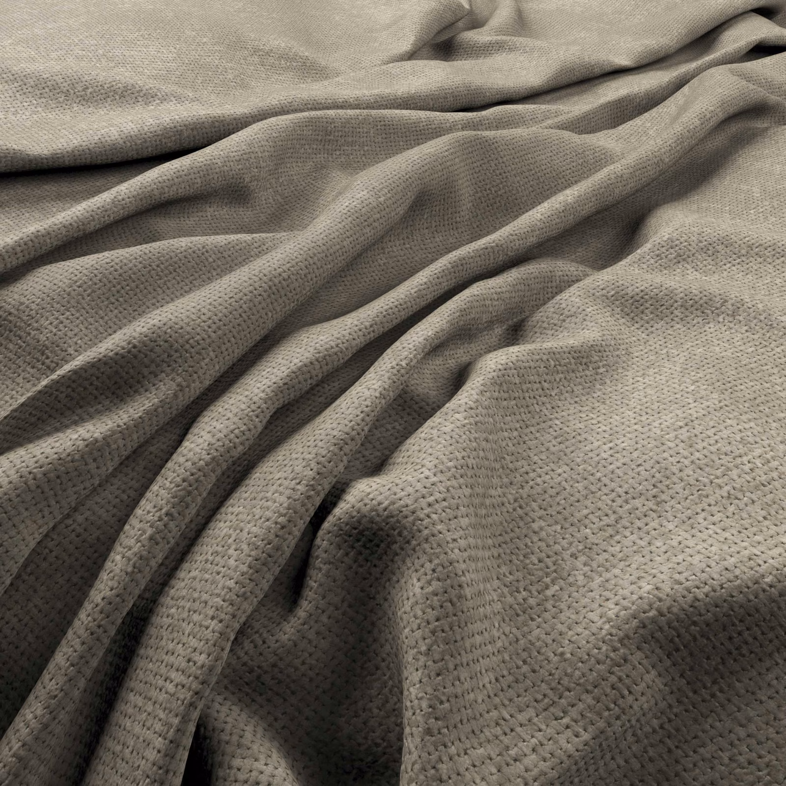 Warm stone-grey woven fabric with fine pebbled texture in softly gathered folds