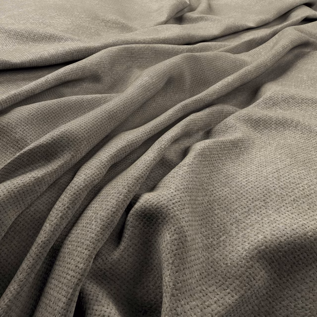 Warm stone-grey woven fabric with fine pebbled texture in softly gathered folds