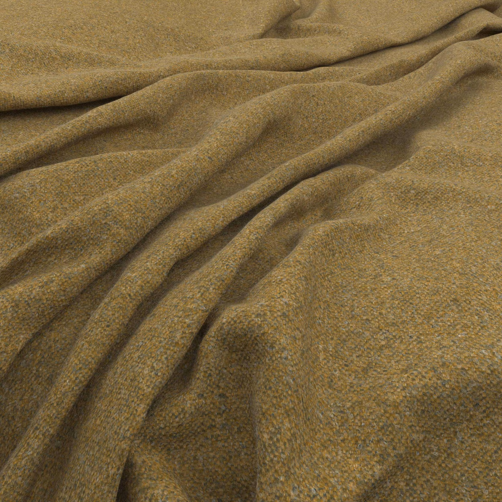 Warm citrus-ochre tweed fabric with fine mottled weave draped in soft folds