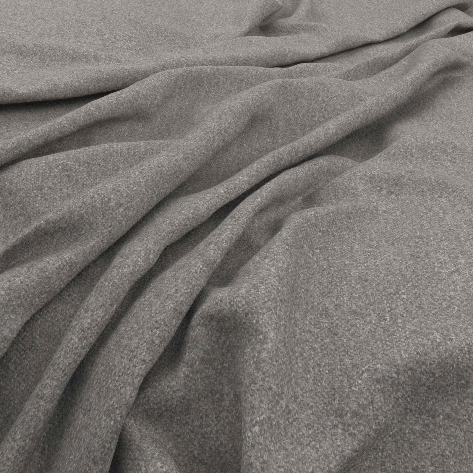 Cool grey mottled tweed-like fabric draped in soft folds with subtle tonal depth