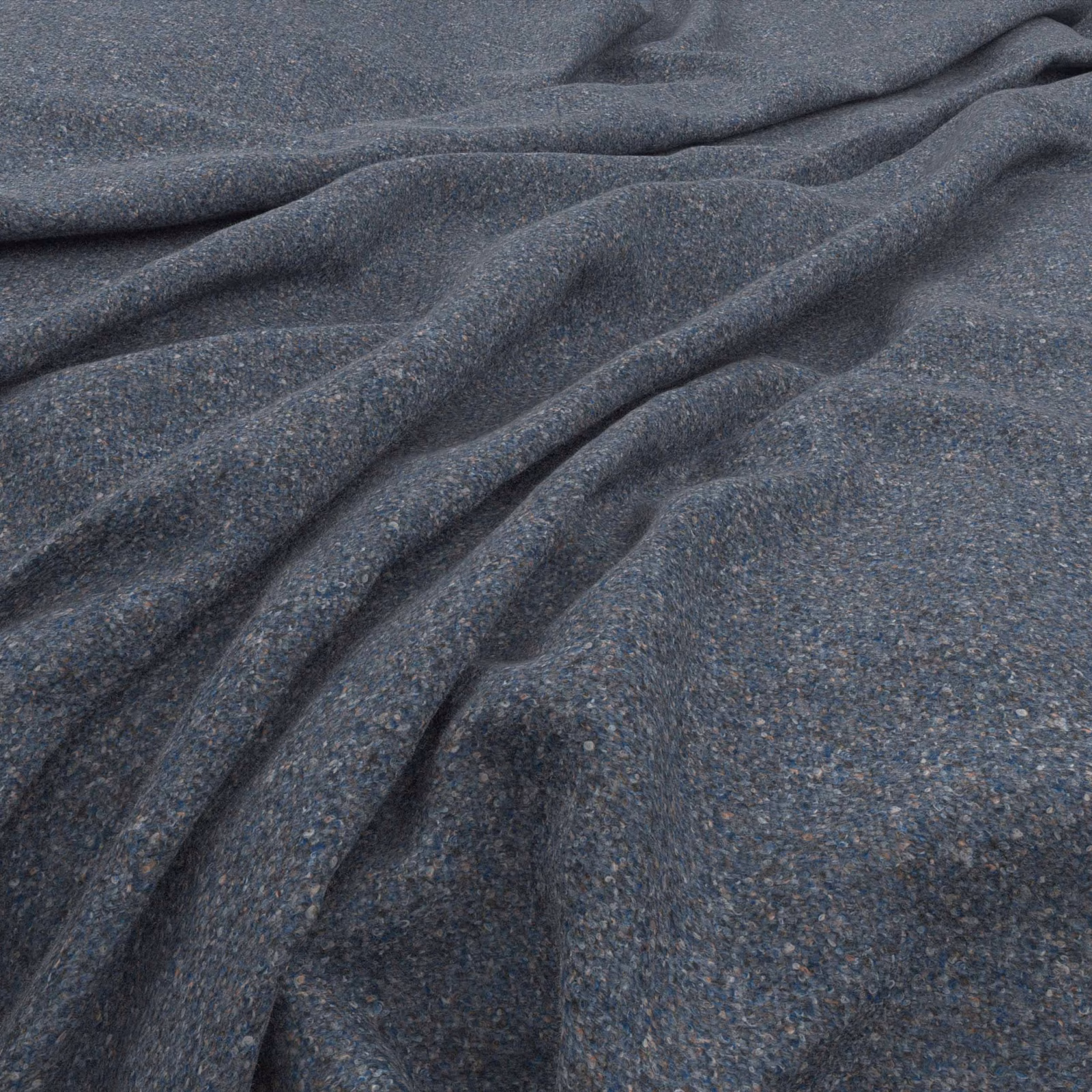 Close view of dark blue-grey tweed weave with fine flecks and soft folds