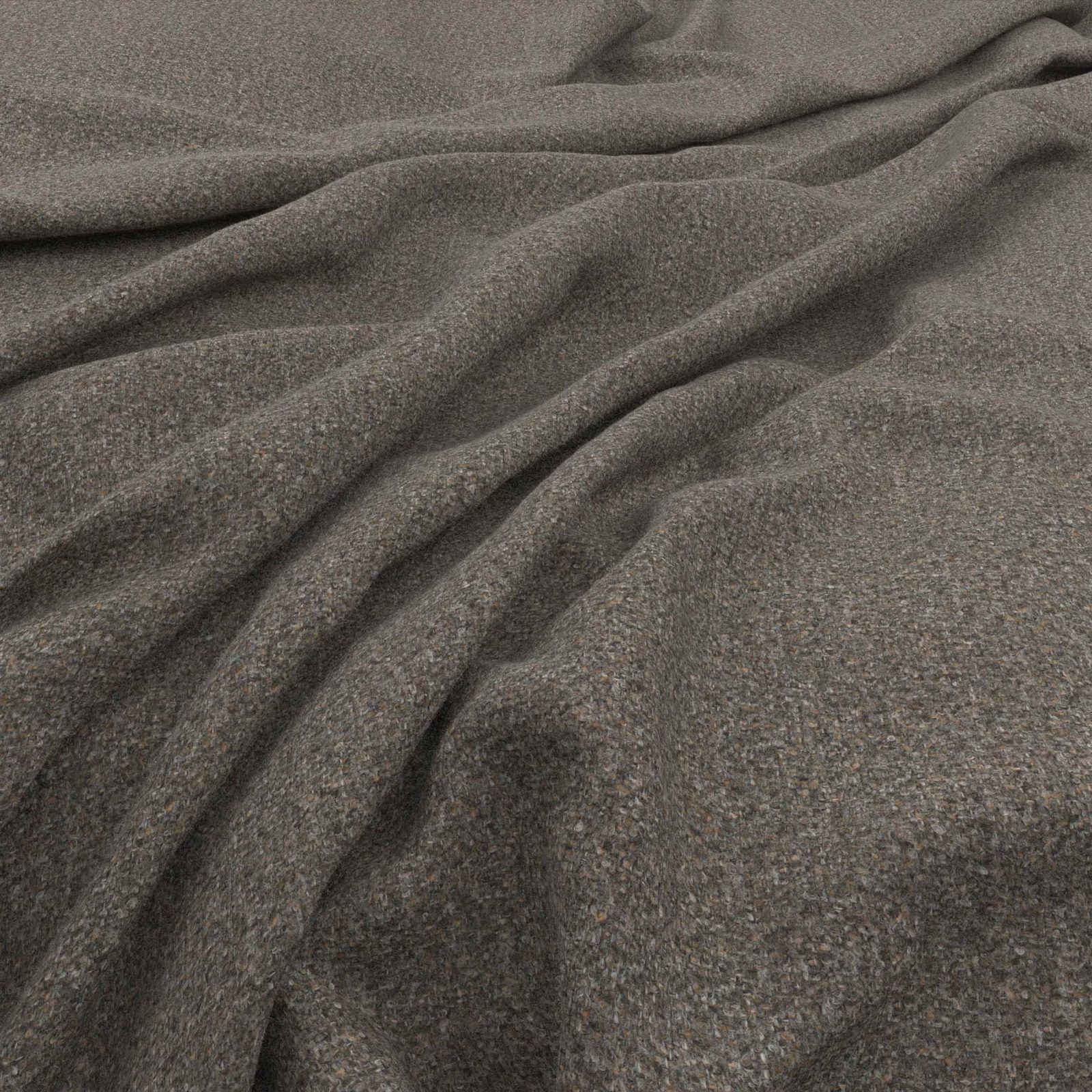 Close view of Drab tweed fabric in mottled taupe-grey with soft folds