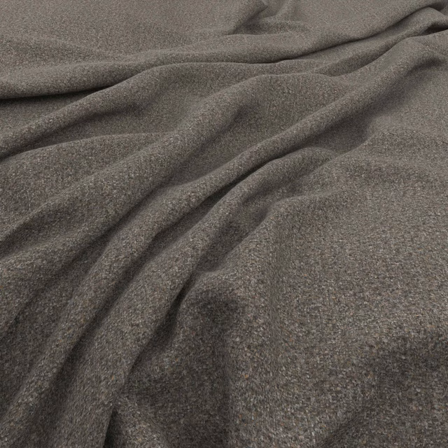 Close view of Drab tweed fabric in mottled taupe-grey with soft folds