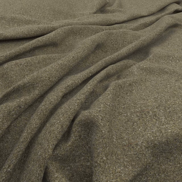 Moss-olive tweed fabric with fine flecks and softly gathered folds