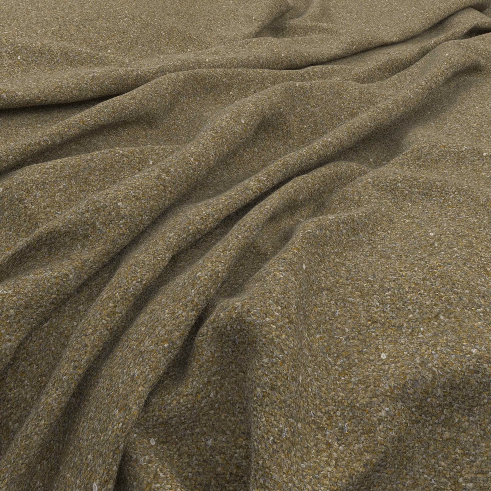 Muted olive-brown tweed with fine flecks and softly gathered woven folds