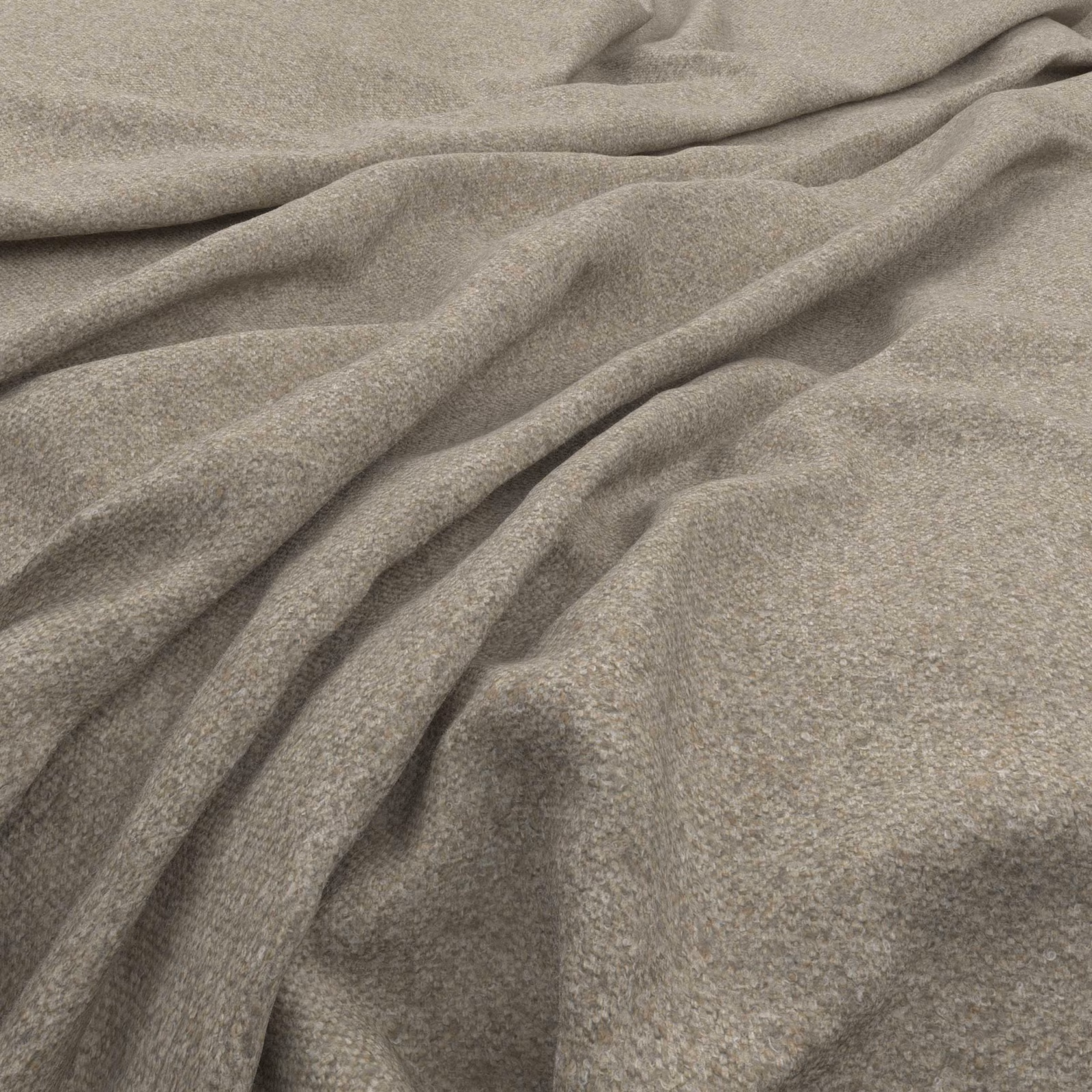 Warm oatmeal-beige tweed with fine flecks and softly folded woven texture