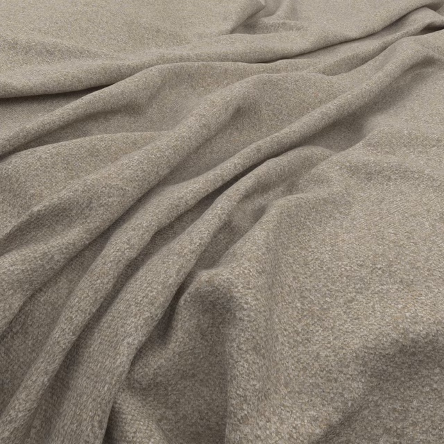 Warm oatmeal-beige tweed with fine flecks and softly folded woven texture