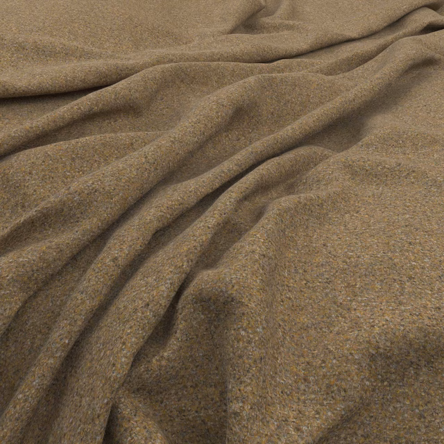 Warm taupe-brown tweed with a close flecked weave gathered into soft folds
