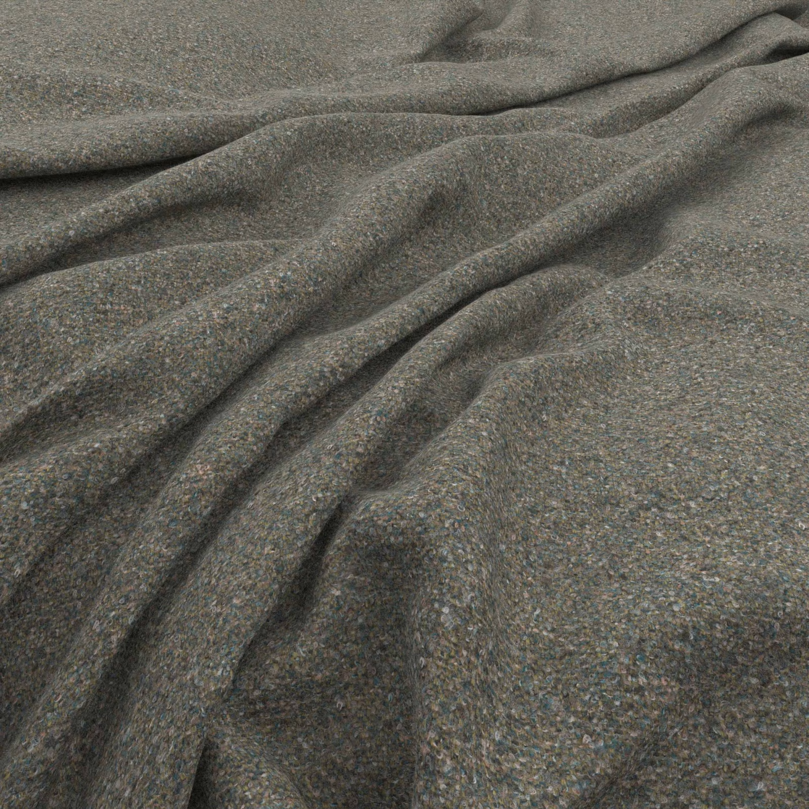 Muted grey-green tweed with subtle flecks and deep, soft folds