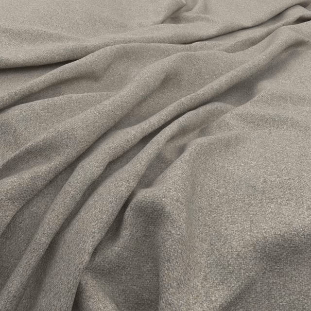 Close view of smoke-grey tweed weave with a soft, finely flecked surface in folds