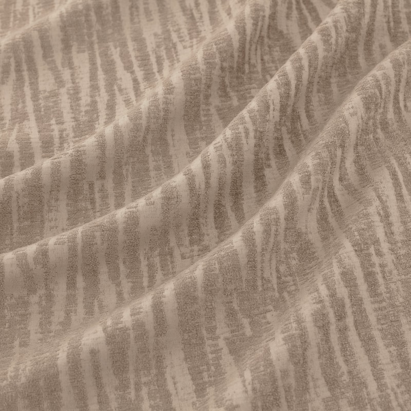 Folded platinum-taupe textile with irregular vertical striations and softly textured surface