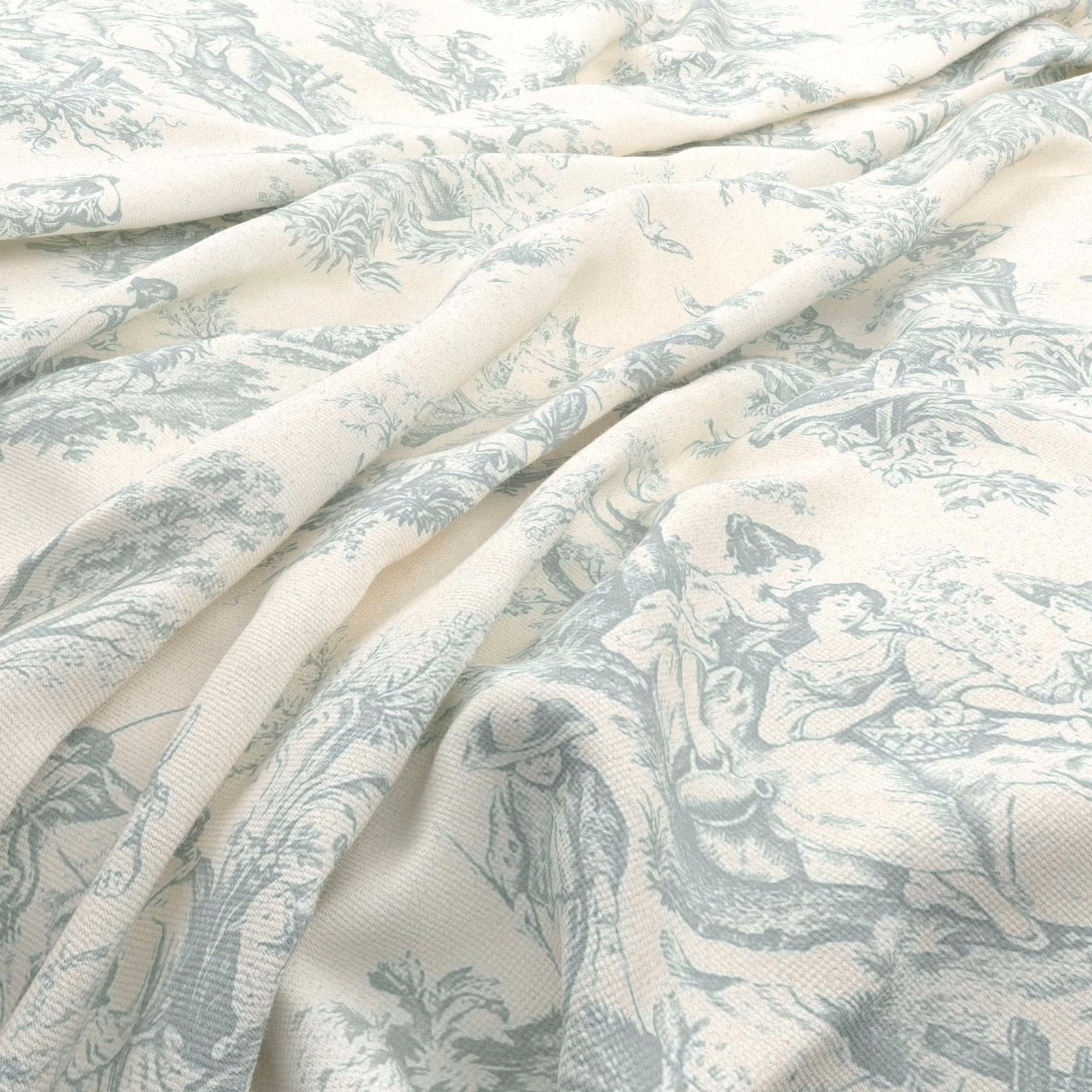 Ivory toile fabric with pale blue pastoral figures, foliage and soft woven folds