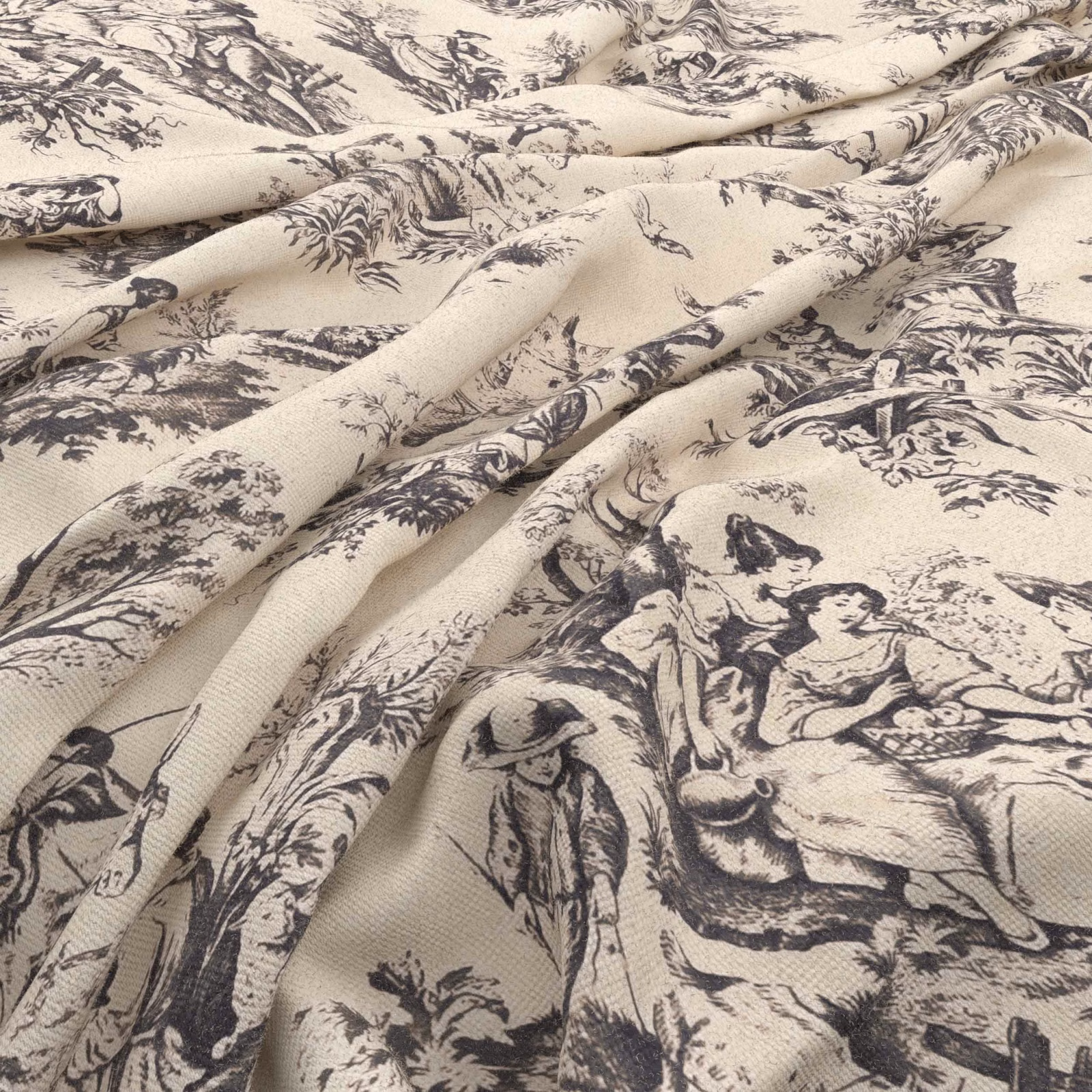 Warm cream toile with charcoal pastoral figures, foliage and softly textured woven ground
