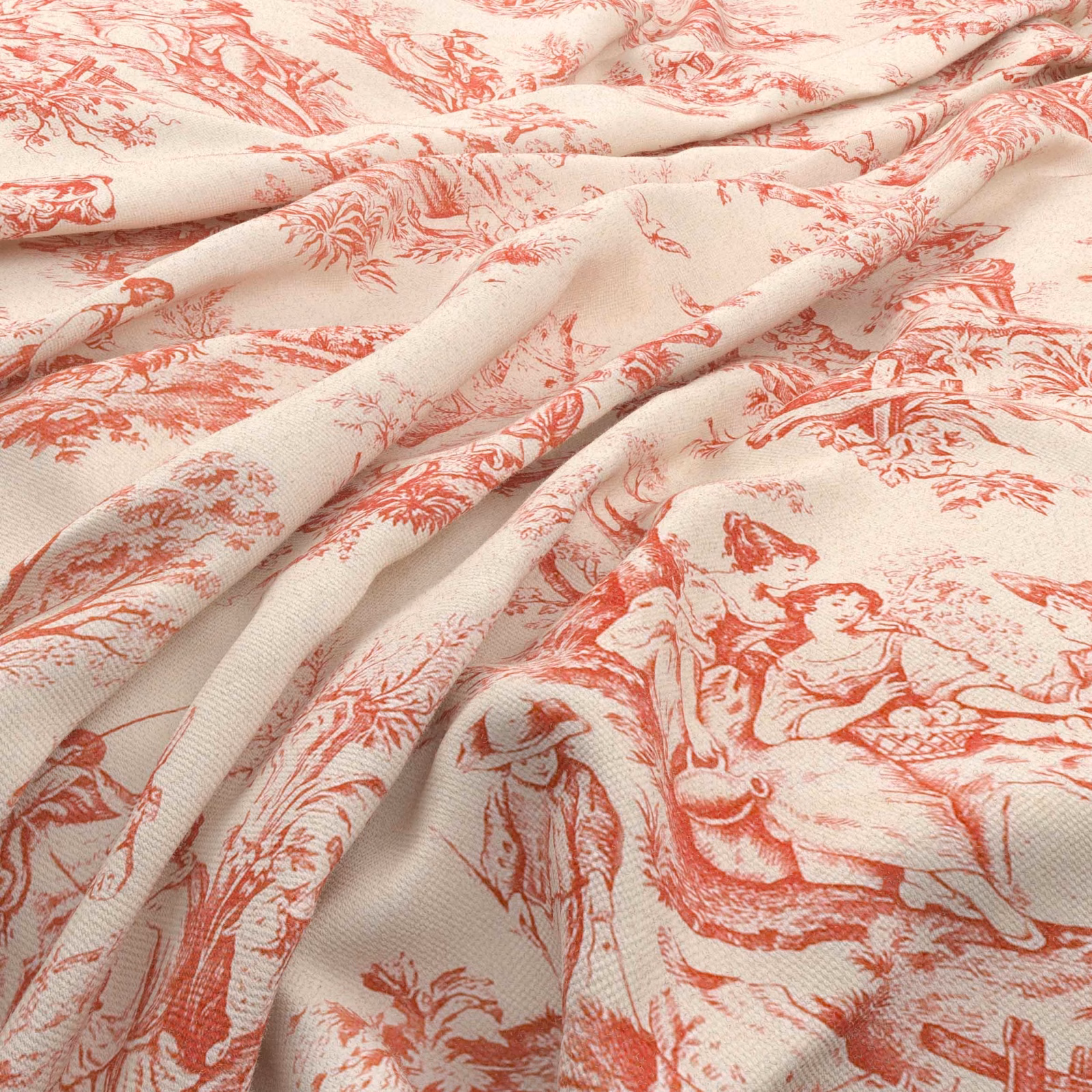 Ivory toile fabric with warm red pastoral figures, foliage and landscape scenes