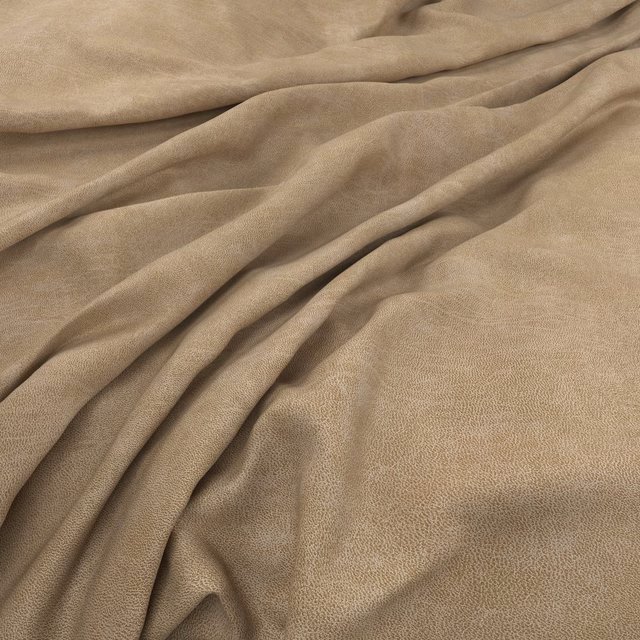 Warm taupe Oryx fabric with fine pebbled texture folded into soft drapes