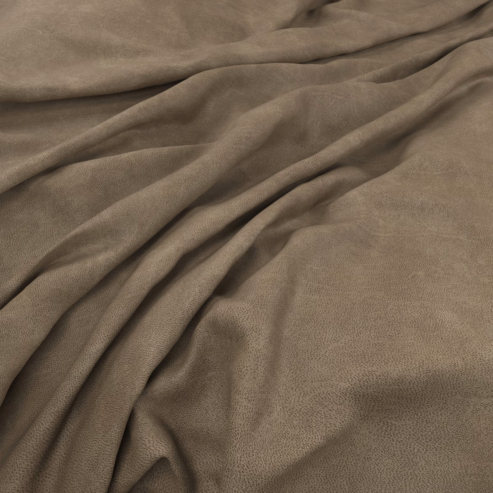 Warm taupe fabric with fine pebbled texture falling in soft, fluid folds