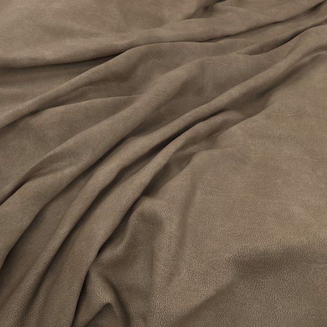 Warm taupe fabric with fine pebbled texture falling in soft, fluid folds