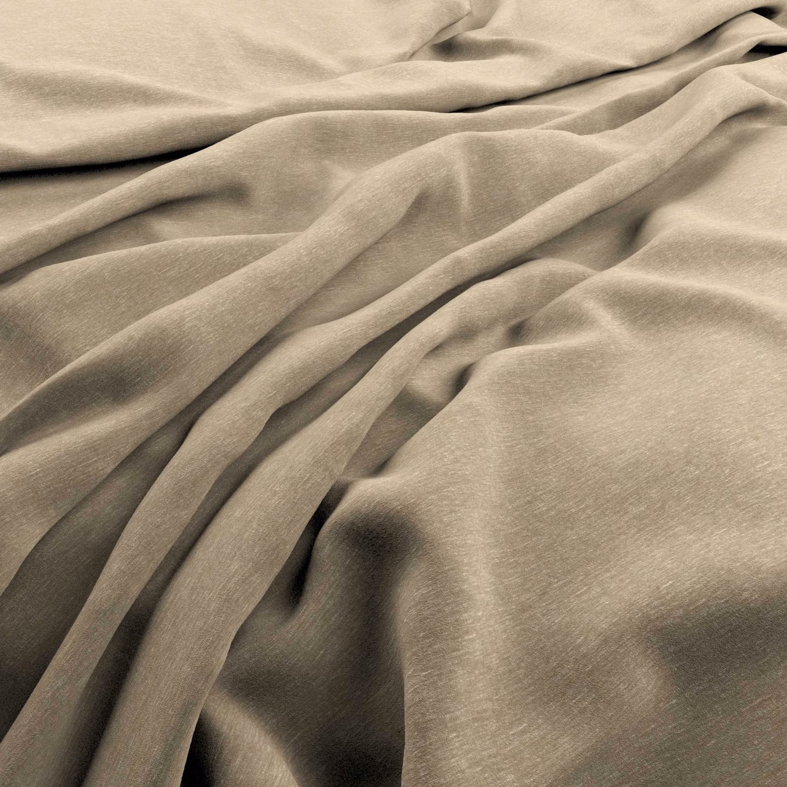 Warm almond velvet with soft sheen, close pile, and deep sculptural folds