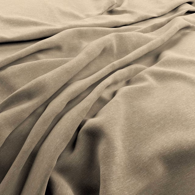 Warm almond velvet with soft sheen, close pile, and deep sculptural folds