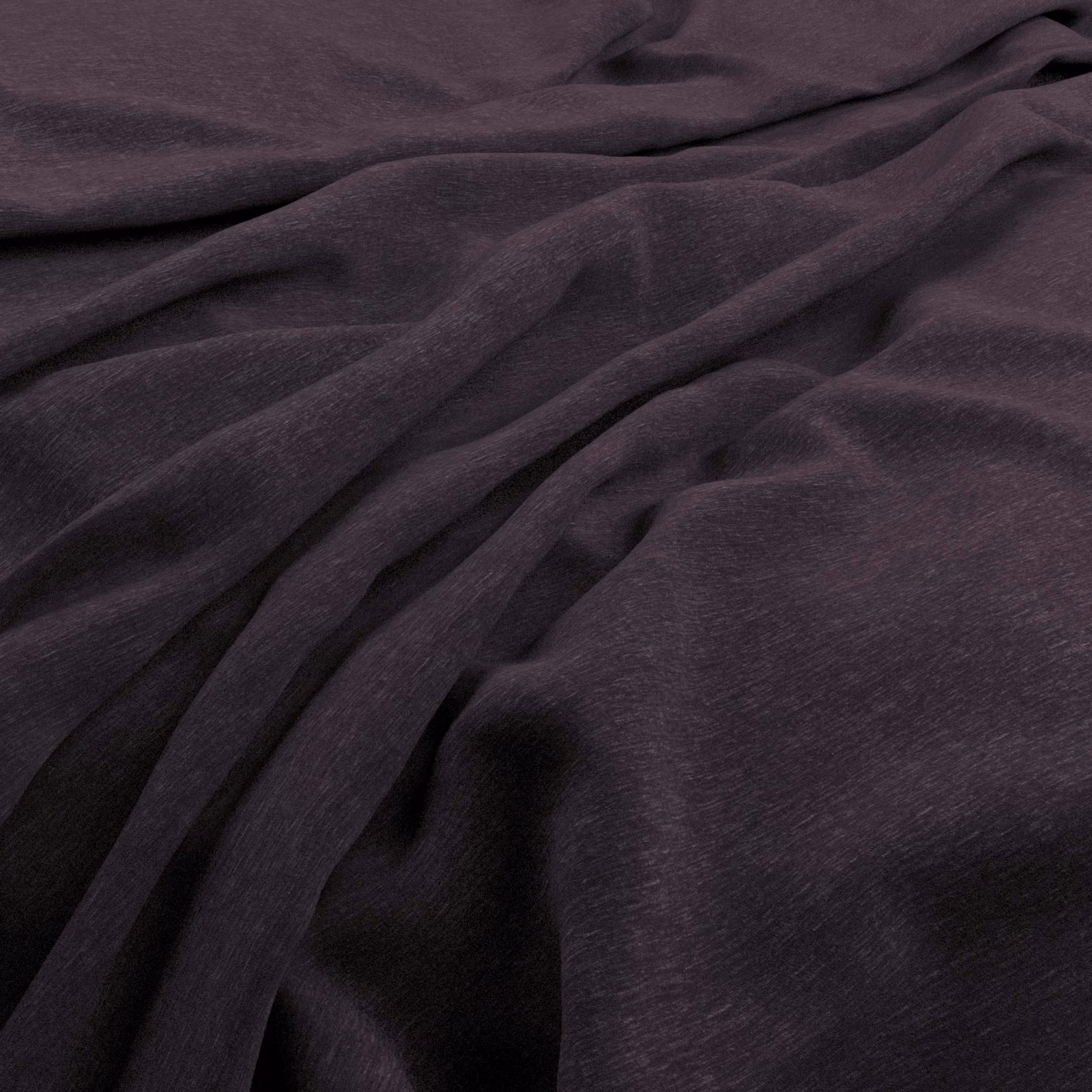 Dark amethyst velvet with soft nap and low directional sheen in gathered folds