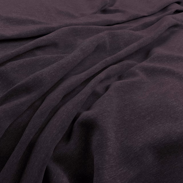 Dark amethyst velvet with soft nap and low directional sheen in gathered folds