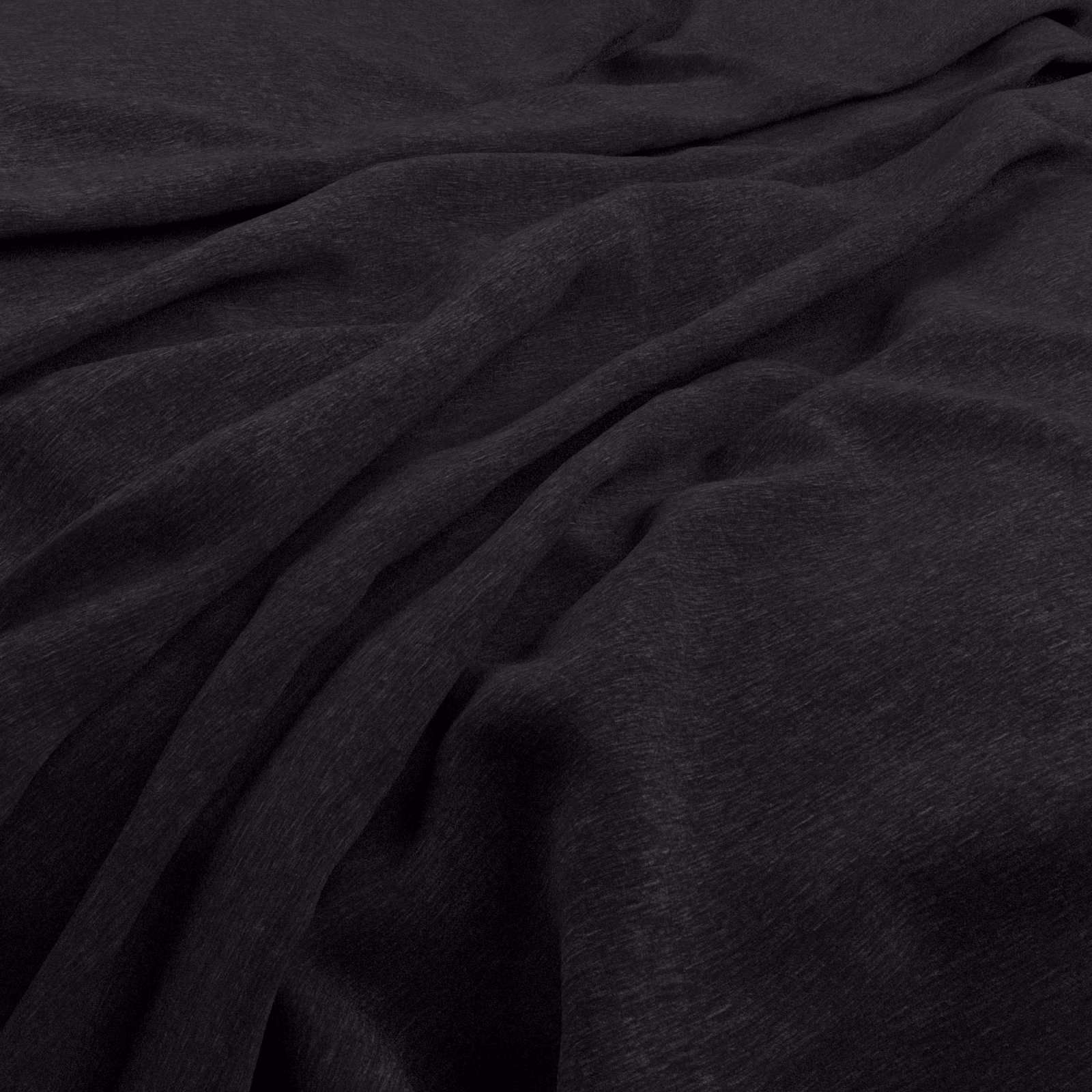 Near-black charcoal velvet with fine pile and soft sheen across gathered folds