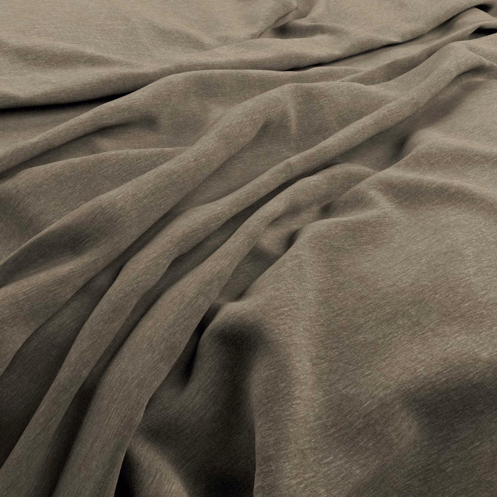 Close view of taupe-grey velvet folds showing a softly brushed, low sheen.