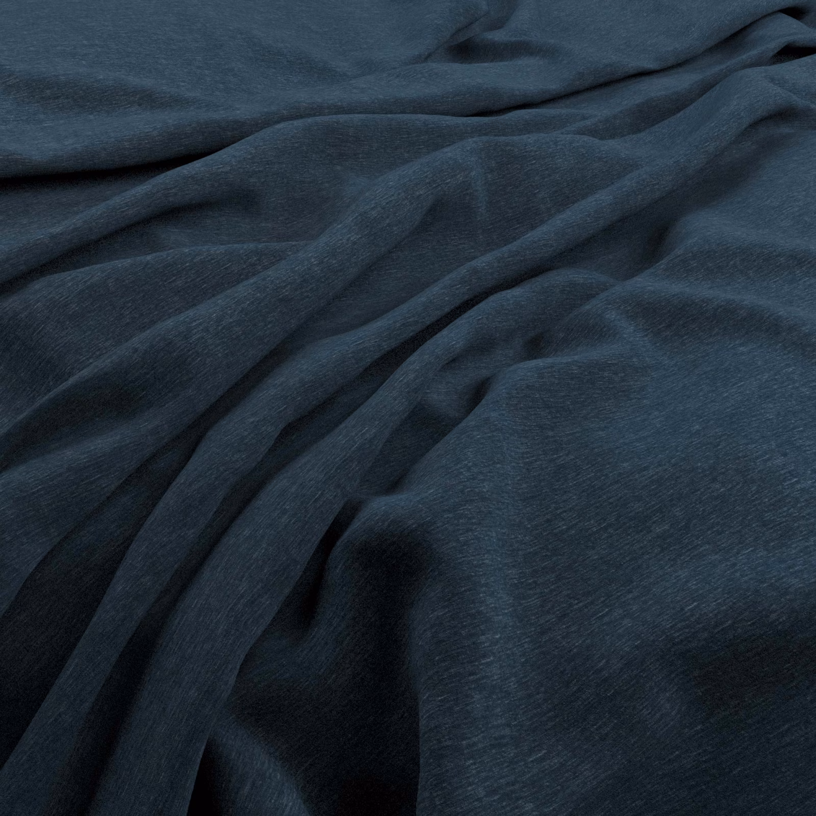 Deep denim-blue velvet fabric draped in softly lustrous, rippling folds