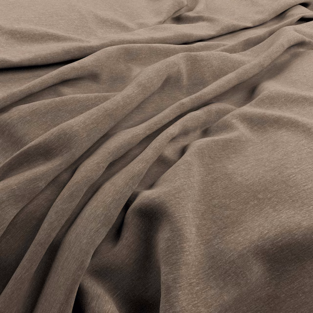 Draped muted taupe velvet showing soft sheen, fine pile and deep tonal folds