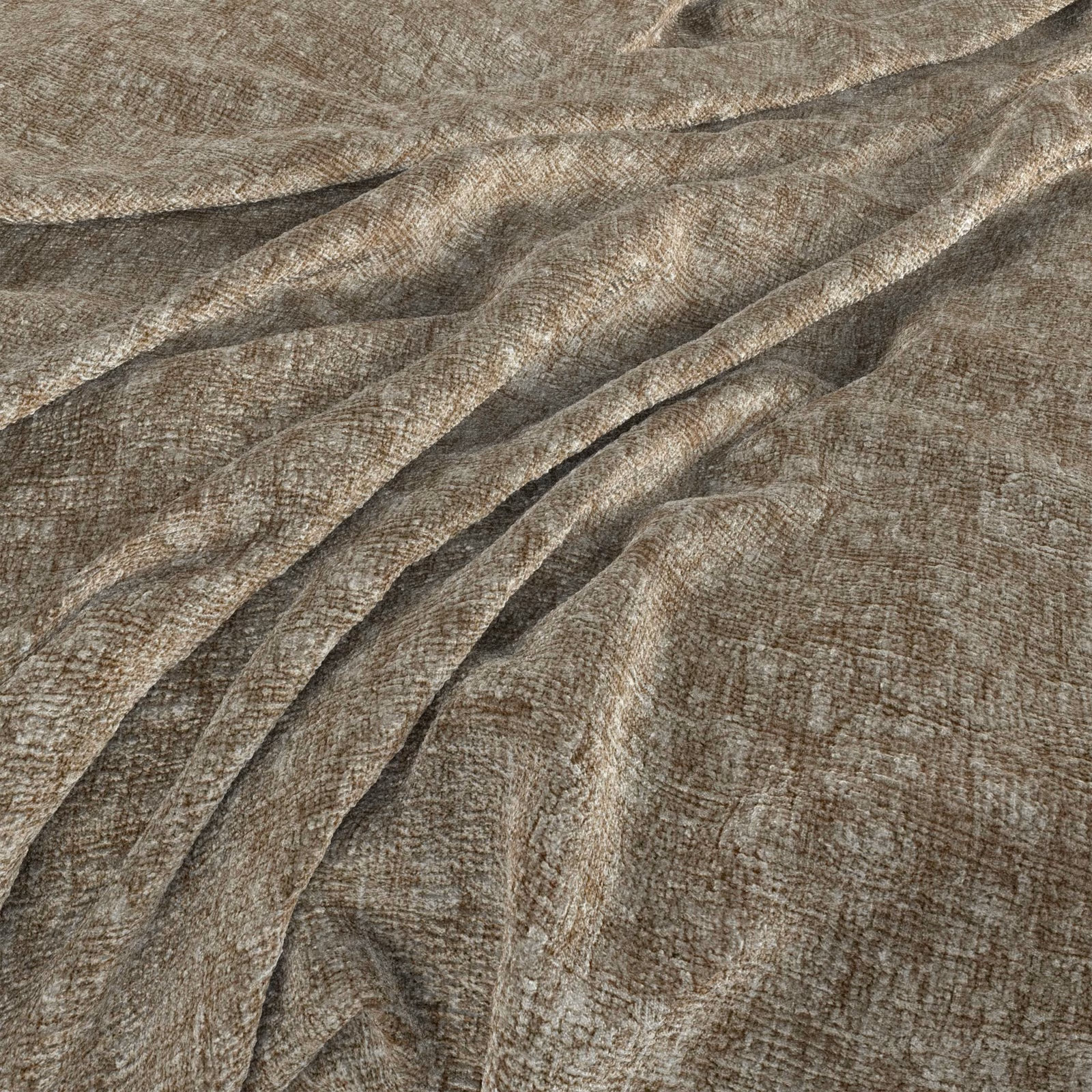 Warm taupe-brown crosshatch weave shown draped in softly dimensional folds