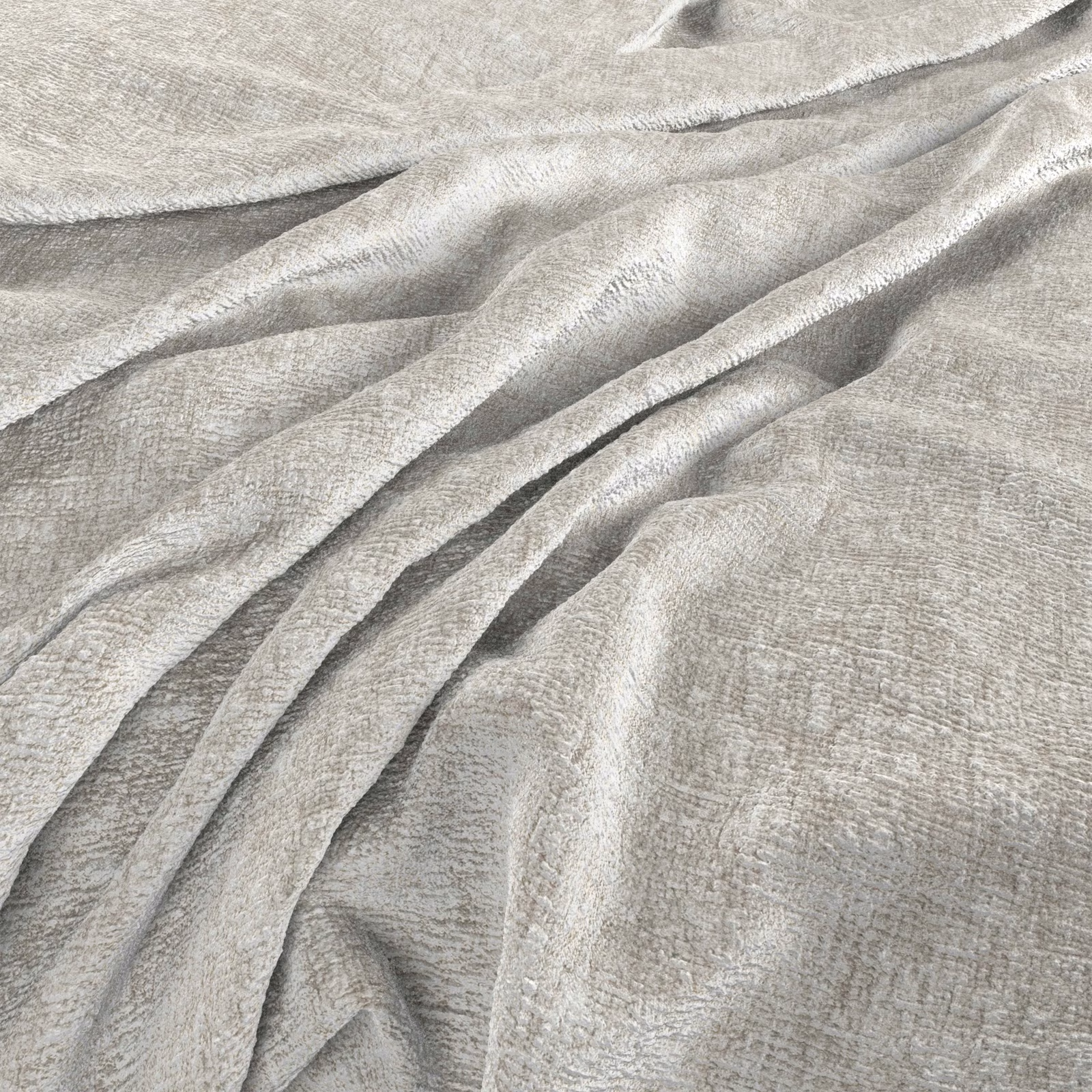 Pale alabaster ivory fabric with fine crosshatch texture and softly silvered folds