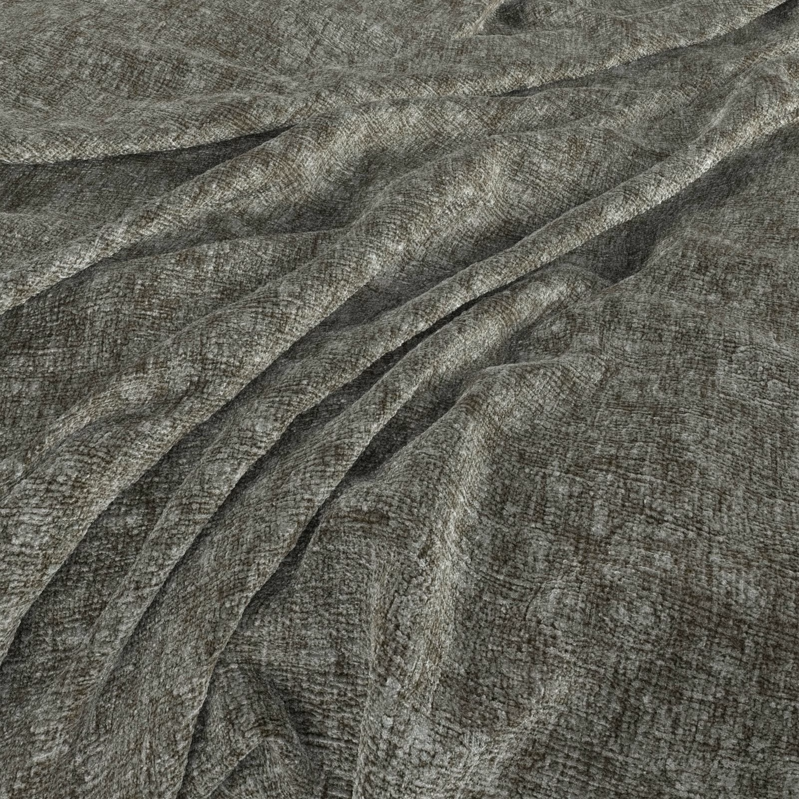 Mottled olive-grey woven fabric with fine crosshatch texture gathered into deep folds