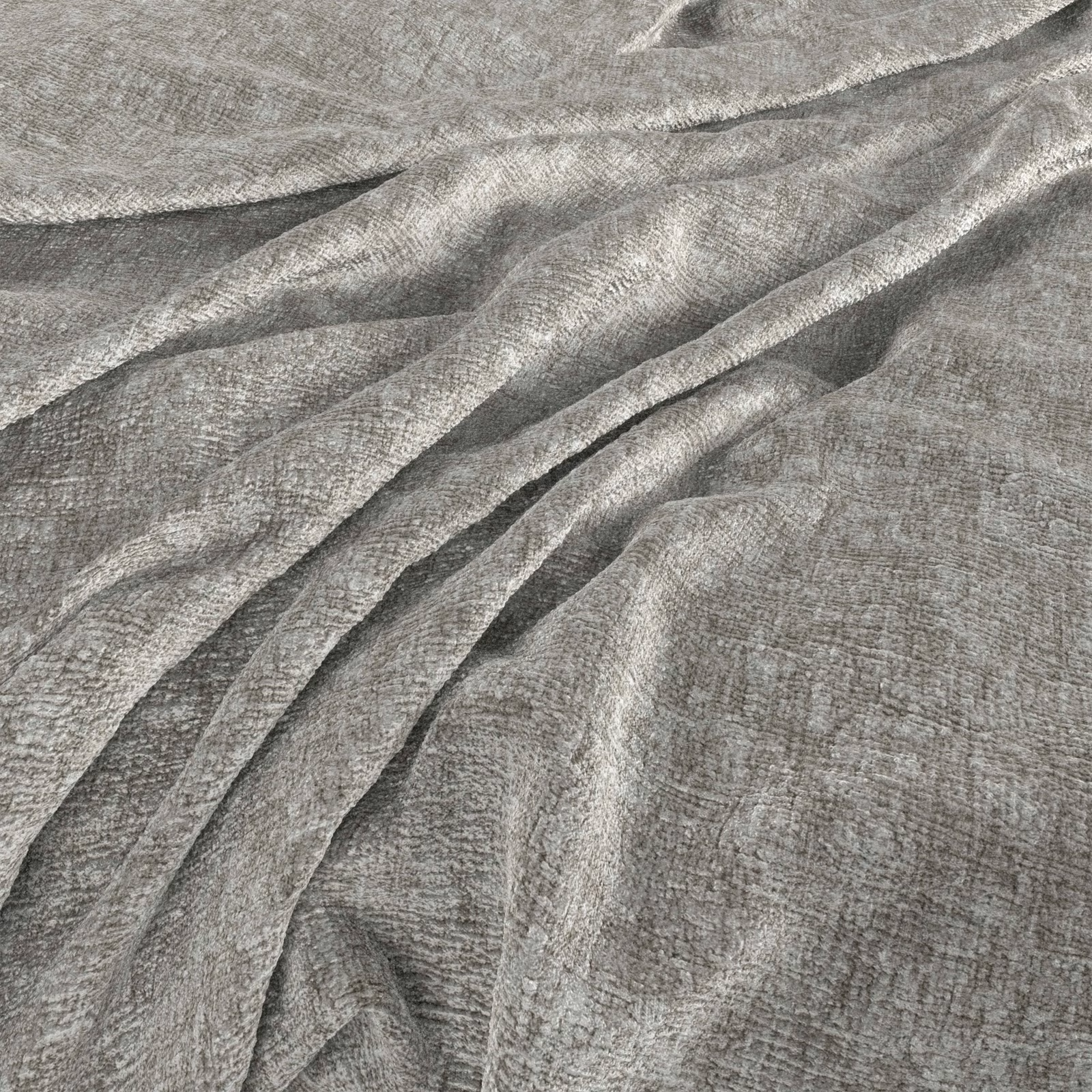 Cool ash-grey woven fabric with fine crosshatched texture arranged in soft folds