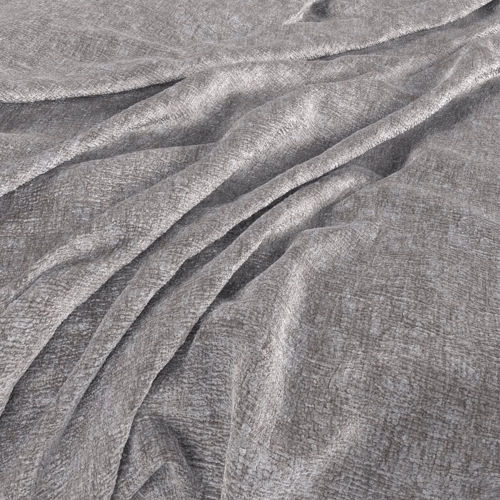Cloud-grey fabric with fine crosshatch texture folding into soft silver highlights