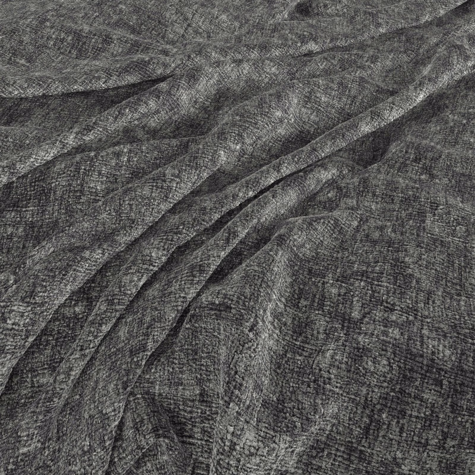 Dark pewter-grey woven fabric with fine crosshatching and softly rippled folds