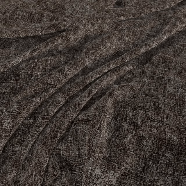 Dark charcoal-brown woven fabric with crinkled folds and a slubby surface