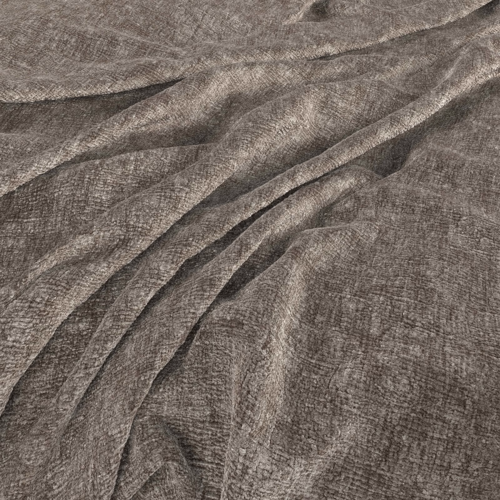 Close-up of cool taupe-grey Verbier fabric with fine crosshatched weave in soft folds