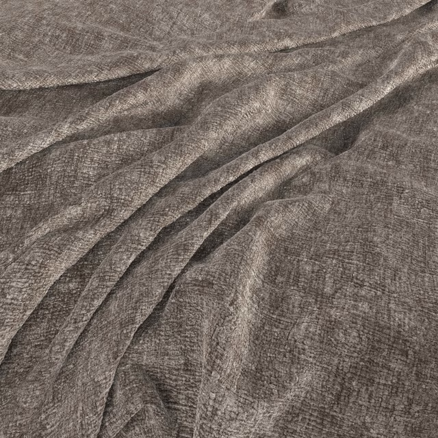 Close-up of cool taupe-grey Verbier fabric with fine crosshatched weave in soft folds