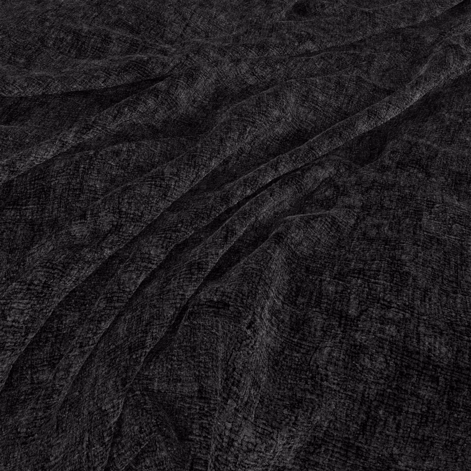 Near-black charcoal fabric with fine woven texture and diagonal shadowed folds