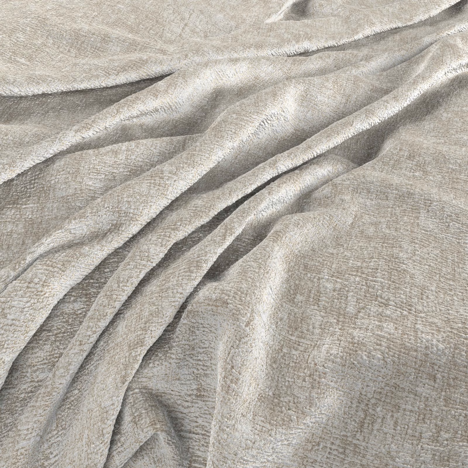 Pale greige woven fabric with a soft sheen falling into deep fluid folds