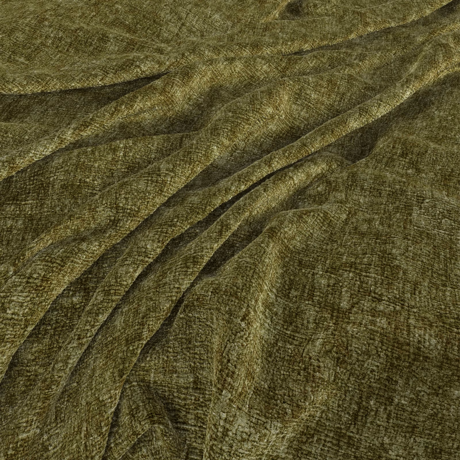Deep olive-green textured fabric with moss highlights and dark rippled folds